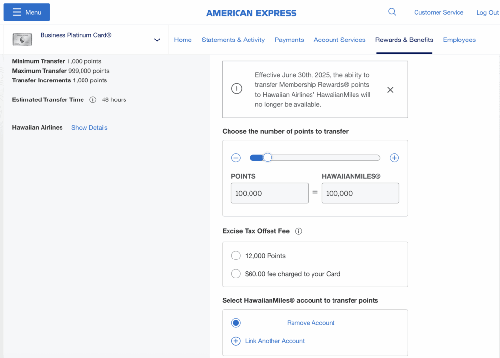 Transferring Amex to Hawaiian
